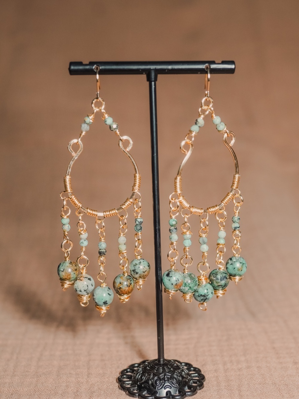 Gold Teardrop Earrings with African Turquoise Jasper - Women's Jewelry